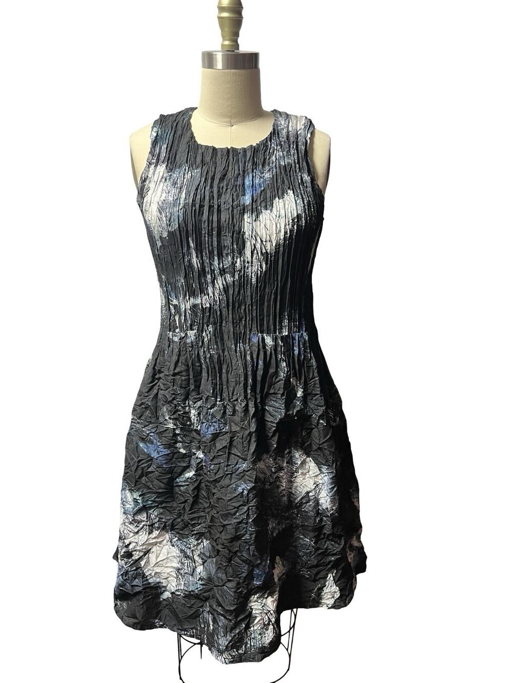 Alquema Smash Pocket Dress Crinkle Size 1 Medium Black Blue White Abstract